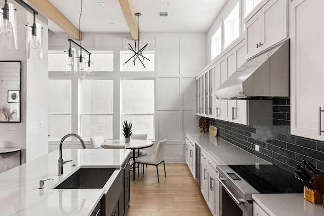 13410 Galleria Cir, Austin, TX 78738 - kitchen featuring stainless steel electric stove, under cabinet range hood, a sink, light wood-style floors, and light stone countertops