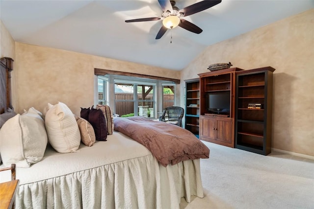 3109 Sesbania Dr, Austin, TX 78748 - bedroom with vaulted ceiling, light carpet, access to exterior, baseboards, and ceiling fan