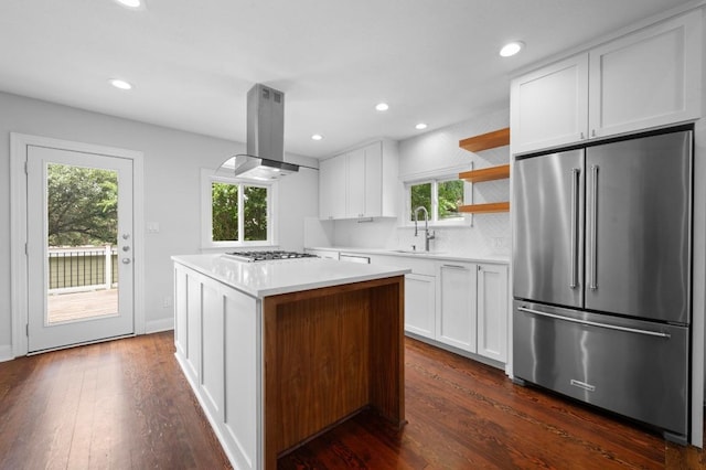 2109 W 10th St, Austin, TX 78703 - kitchen with appliances with stainless steel finishes, island range hood, light countertops, dark wood finished floors, and recessed lighting
