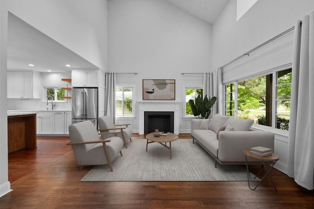 2109 W 10th St, Austin, TX 78703 - living area featuring high vaulted ceiling, a fireplace, dark wood finished floors, and recessed lighting