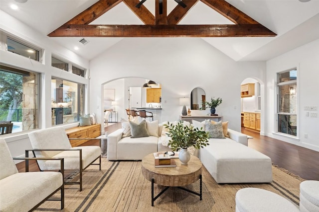 321 Hannah Dr, Dripping Springs, TX 78620 - living room featuring arched walkways, beam ceiling, light wood-style floors, high vaulted ceiling, and recessed lighting