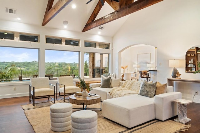 321 Hannah Dr, Dripping Springs, TX 78620 - living area with beamed ceiling, arched walkways, high vaulted ceiling, hardwood / wood-style flooring, and recessed lighting