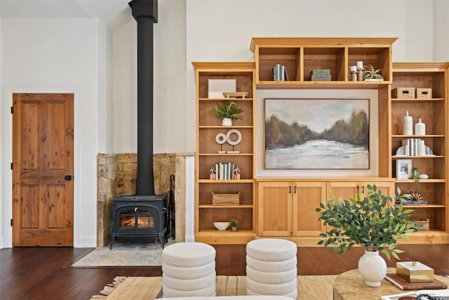 321 Hannah Dr, Dripping Springs, TX 78620 - living room with a wood stove and dark wood finished floors