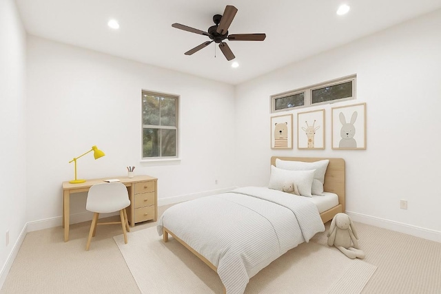 321 Hannah Dr, Dripping Springs, TX 78620 - bedroom featuring light colored carpet, recessed lighting, baseboards, and a ceiling fan