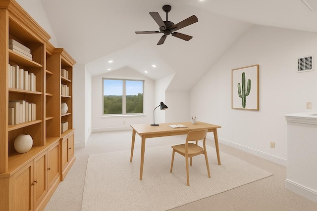 321 Hannah Dr, Dripping Springs, TX 78620 - home office with lofted ceiling, light colored carpet, baseboards, a ceiling fan, and recessed lighting