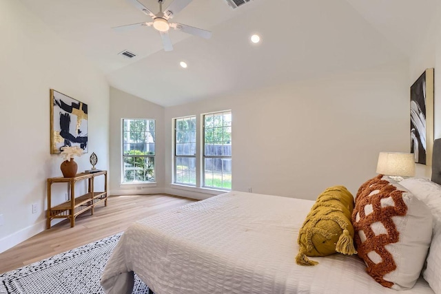 9124 Fainwood Ln, Austin, TX 78749 - bedroom featuring wood finished floors, vaulted ceiling, baseboards, recessed lighting, and ceiling fan