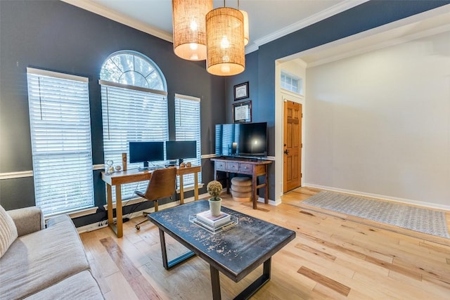 13532 Utah Flats Dr, Austin, TX 78727 - living room with hardwood / wood-style floors, a desk, ornamental molding, and baseboards