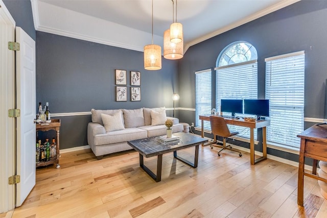 13532 Utah Flats Dr, Austin, TX 78727 - office featuring crown molding, light wood finished floors, and baseboards
