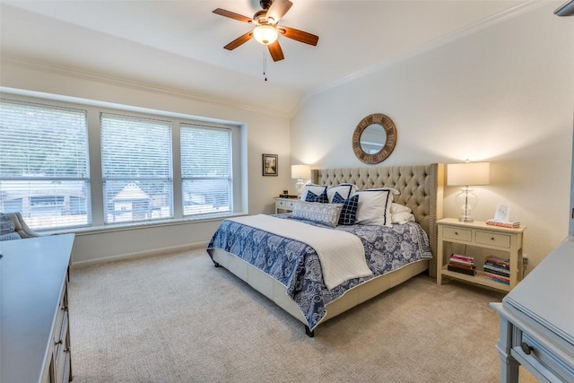 13532 Utah Flats Dr, Austin, TX 78727 - bedroom featuring crown molding, light carpet, lofted ceiling, ceiling fan, and baseboards