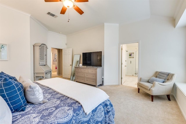 13532 Utah Flats Dr, Austin, TX 78727 - bedroom featuring light carpet, high vaulted ceiling, ornamental molding, baseboards, and connected bathroom