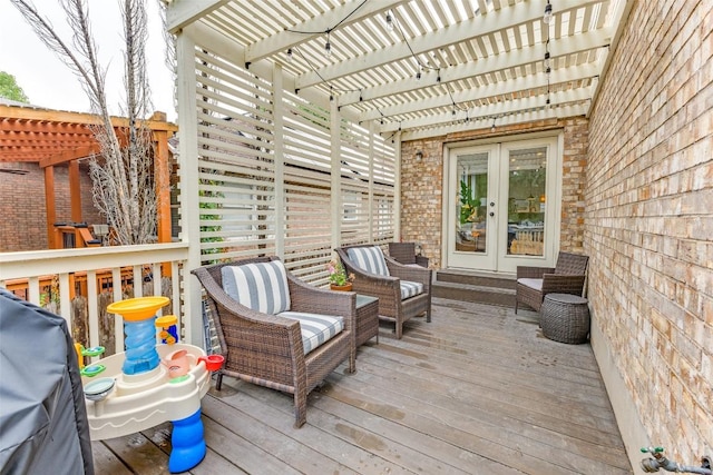 13532 Utah Flats Dr, Austin, TX 78727 - wooden deck with a pergola, french doors, an outdoor hangout area, and area for grilling