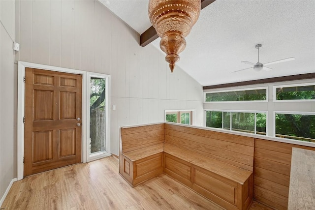 907 The High Rd, Austin, TX 78746 - entryway with lofted ceiling, light wood-style floors, ceiling fan, and a textured ceiling
