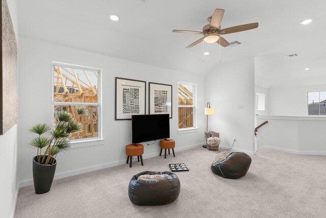 2705 Sage Ranch Dr Unit 2, Leander, TX 78641 - sitting room featuring carpet floors, recessed lighting, a ceiling fan, an upstairs landing, and baseboards