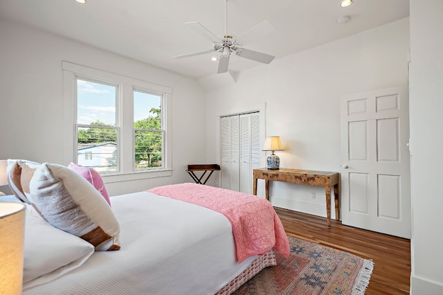 800 W Lynn St, Austin, TX 78703 - bedroom featuring wood finished floors, recessed lighting, ceiling fan, and a closet