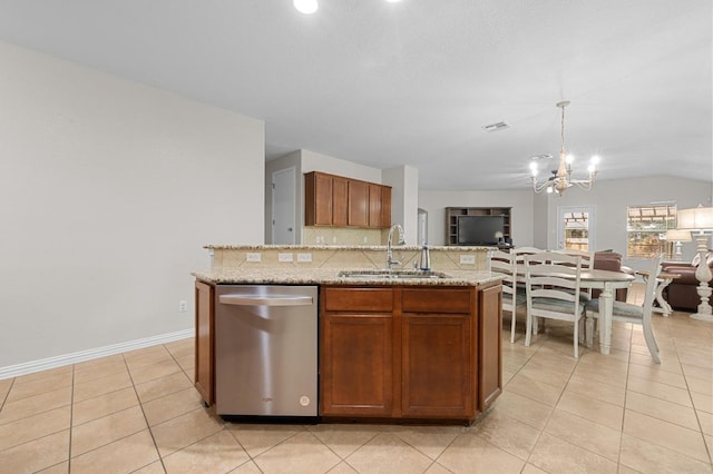 1286 Talley Loop, Buda, TX 78610 - kitchen with stainless steel dishwasher, a sink, a chandelier, decorative backsplash, and vaulted ceiling