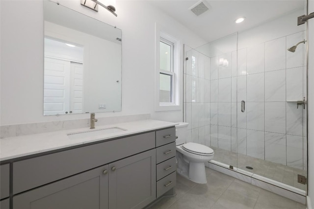4703 Unity Cir Unit 284, Austin, TX 78731 - full bath with vanity, a stall shower, toilet, tile patterned floors, and recessed lighting