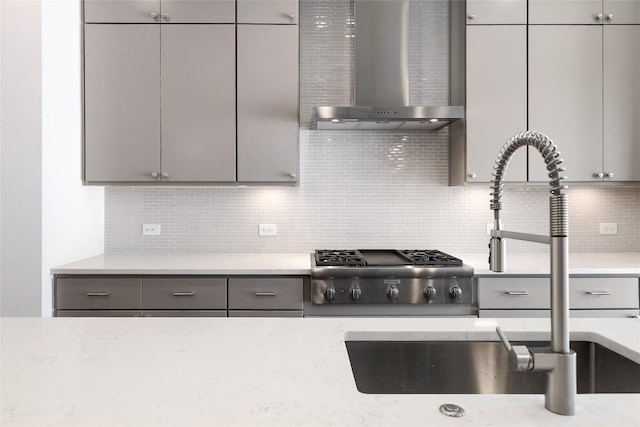 4703 Unity Cir Unit 284, Austin, TX 78731 - kitchen with wall chimney exhaust hood, gray cabinetry, decorative backsplash, stainless steel gas cooktop, and a sink