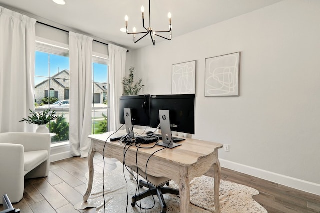 112 Rosemary Ct, Bastrop, TX 78602 - office featuring a chandelier, baseboards, wood finished floors, and recessed lighting
