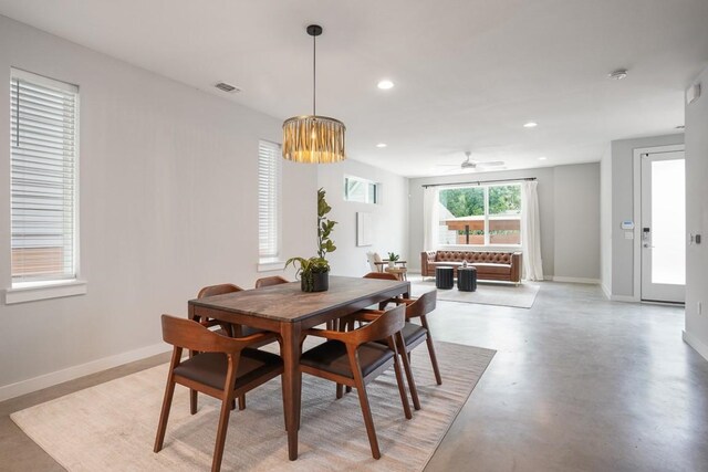 4020 Airport Blvd Unit 9, Austin, TX 78722 - dining room featuring recessed lighting, baseboards, ceiling fan, and concrete flooring