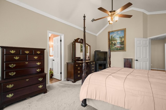 6109 Pebble Garden Ct, Austin, TX 78739 - bedroom with vaulted ceiling, light colored carpet, crown molding, and ceiling fan