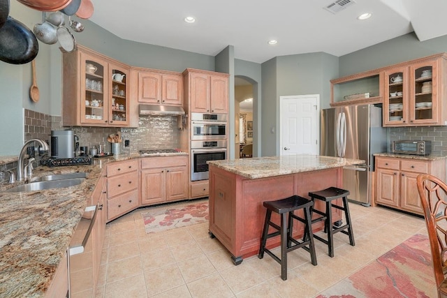 2517 Moray Ln, Cedar Park, TX 78613 - kitchen featuring appliances with stainless steel finishes, a sink, arched walkways, under cabinet range hood, and backsplash