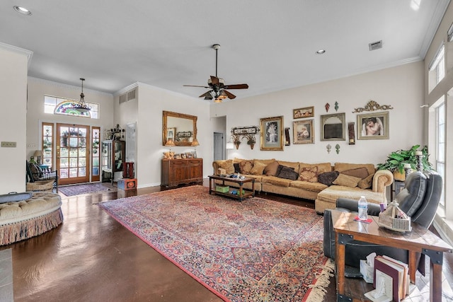 909 Oak Meadow Dr, Dripping Springs, TX 78620 - living area featuring ornamental molding, finished concrete floors, a ceiling fan, recessed lighting, and baseboards