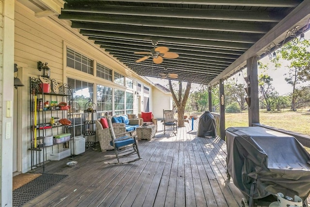 909 Oak Meadow Dr, Dripping Springs, TX 78620 - wooden terrace featuring a ceiling fan