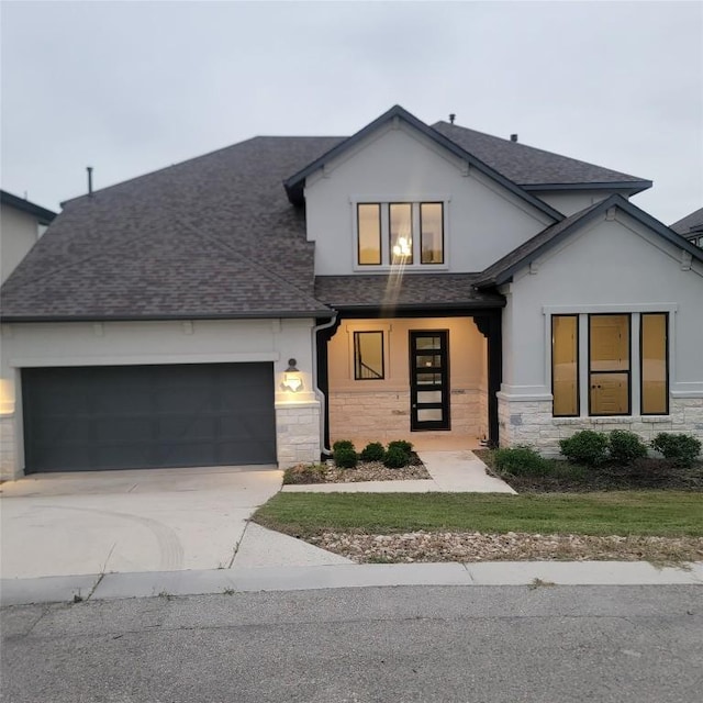 6833 Destination Way, Lago Vista, TX 78645 - view of front of home with stucco siding, an attached garage, driveway, and roof with shingles