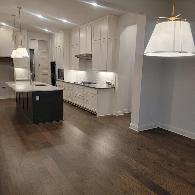 6833 Destination Way, Lago Vista, TX 78645 - kitchen featuring a sink, baseboards, tasteful backsplash, under cabinet range hood, and stainless steel appliances