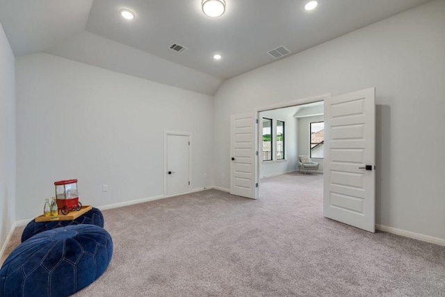 6833 Destination Way, Lago Vista, TX 78645 - misc room featuring carpet, vaulted ceiling, and recessed lighting