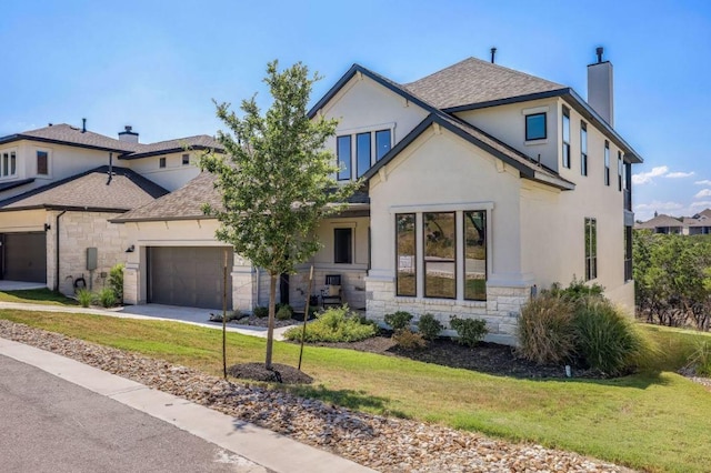 6833 Destination Way, Lago Vista, TX 78645 - view of front of house with stone siding, a chimney, a front lawn, and stucco siding