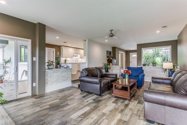 110 Fleetwood Dr, New Braunfels, TX 78130 - living area featuring light wood-style floors, a ceiling fan, and recessed lighting