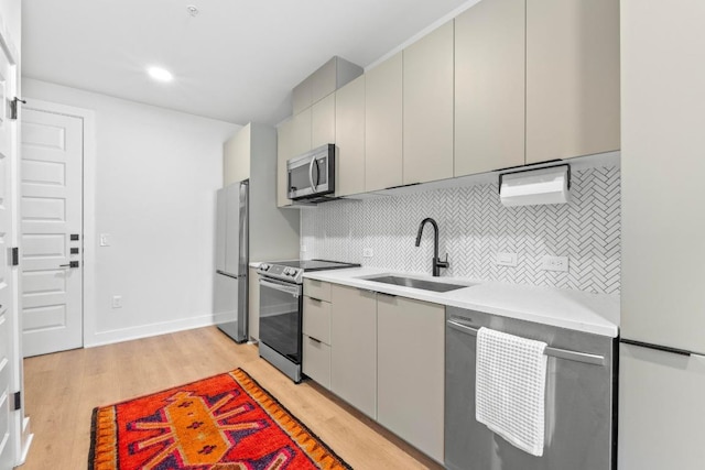 2500 Longview St Unit 112, Austin, TX 78705 - kitchen featuring stainless steel appliances, a sink, gray cabinets, and backsplash
