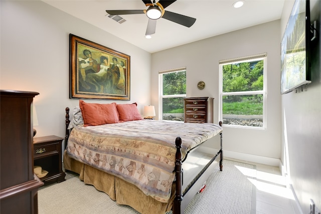 105 Golden Eagle, Horseshoe Bay, TX 78657 - bedroom featuring baseboards, light colored carpet, a ceiling fan, and recessed lighting