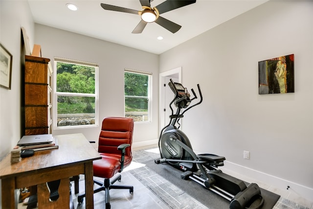 105 Golden Eagle, Horseshoe Bay, TX 78657 - office area featuring baseboards, a ceiling fan, and recessed lighting