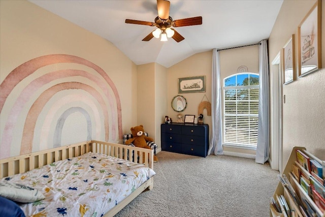19420 Brue St, Pflugerville, TX 78660 - bedroom with carpet, lofted ceiling, and a ceiling fan