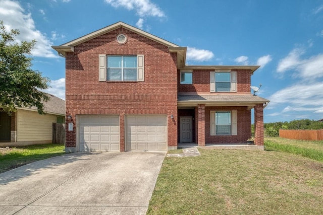 9104 China Rose Dr, Austin, TX 78724 - traditional-style house featuring brick siding, concrete driveway, an attached garage, and a front lawn