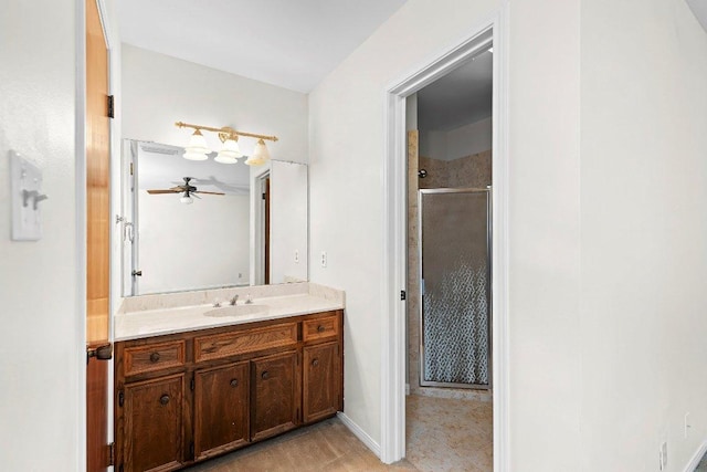 302 Council Rd, Georgetown, TX 78633 - bathroom with a stall shower, vanity, and ceiling fan