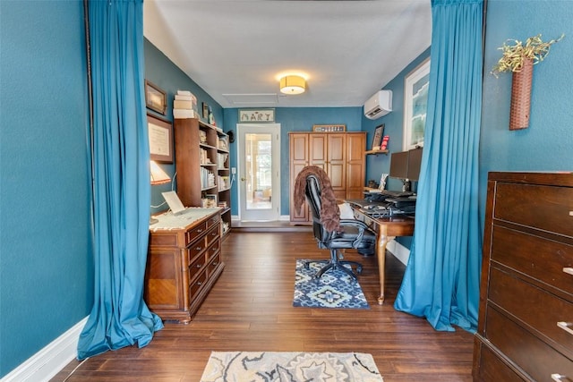 1433 Jenna Ln, Cedar Park, TX 78613 - home office featuring a wall unit AC, dark wood-style flooring, and baseboards