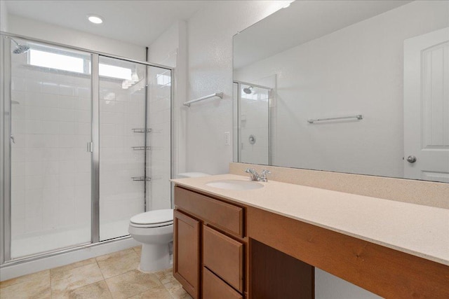 14302 Honey Gem Dr, Pflugerville, TX 78660 - bathroom with toilet, a stall shower, vanity, and tile patterned floors