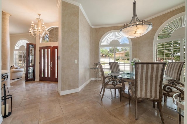 20503 Hoover Cv, Lago Vista, TX 78645 - dining room with a chandelier, ornamental molding, and baseboards