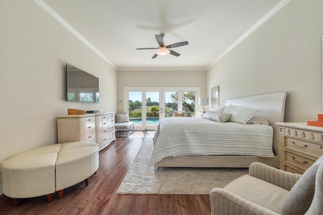 20503 Hoover Cv, Lago Vista, TX 78645 - bedroom with access to exterior, crown molding, dark wood-style floors, french doors, and ceiling fan