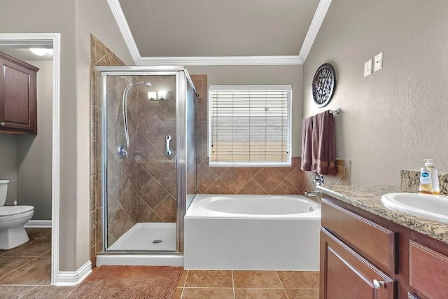 320 Atlanta Park Dr, Georgetown, TX 78628 - full bath featuring crown molding, a garden tub, toilet, a shower stall, and vanity