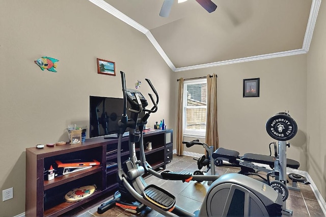 320 Atlanta Park Dr, Georgetown, TX 78628 - exercise room with crown molding, vaulted ceiling, ceiling fan, baseboards, and tile patterned flooring