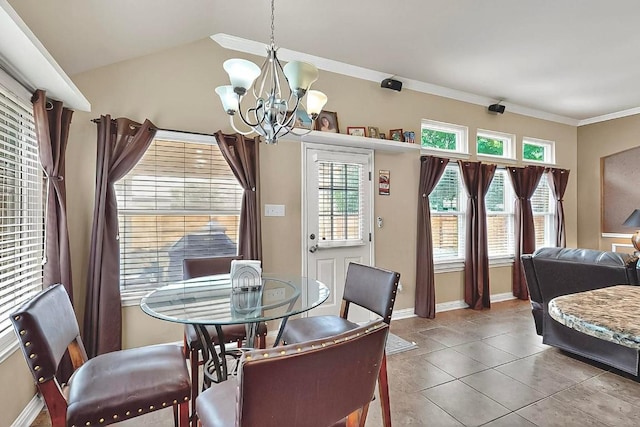 320 Atlanta Park Dr, Georgetown, TX 78628 - tiled dining area featuring a chandelier, baseboards, ornamental molding, and lofted ceiling