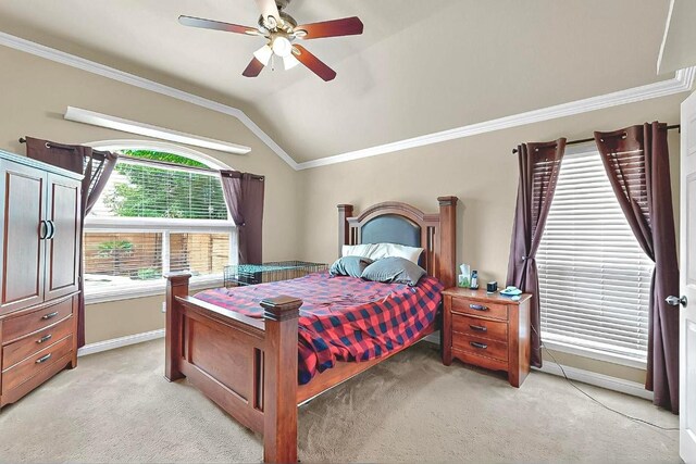 320 Atlanta Park Dr, Georgetown, TX 78628 - bedroom with light carpet, baseboards, vaulted ceiling, ornamental molding, and a ceiling fan