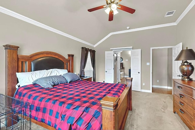 320 Atlanta Park Dr, Georgetown, TX 78628 - bedroom with light carpet, ornamental molding, lofted ceiling, baseboards, and a ceiling fan