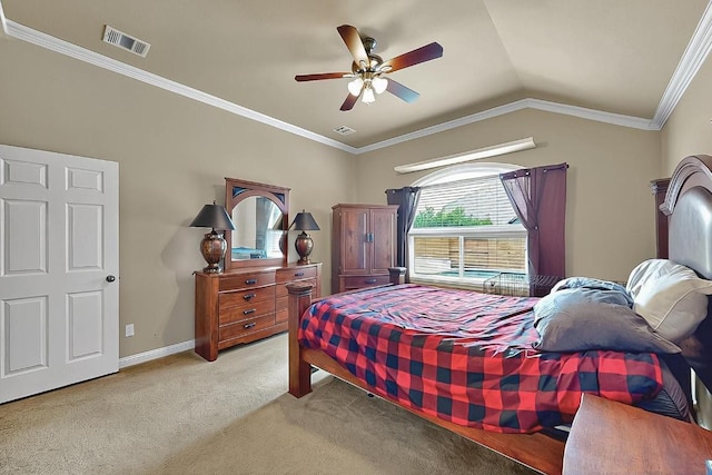 320 Atlanta Park Dr, Georgetown, TX 78628 - carpeted bedroom featuring vaulted ceiling, ceiling fan, ornamental molding, and baseboards