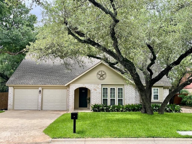 4107 Columbine Dr, Austin, TX 78727 - view of front of house featuring an attached garage, brick siding, concrete driveway, and a shingled roof