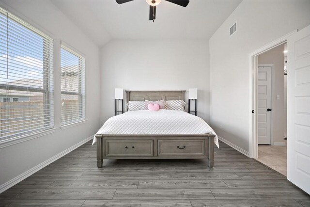 265 Fawn River Run, Kyle, TX 78640 - bedroom featuring wood finished floors, vaulted ceiling, a ceiling fan, and baseboards